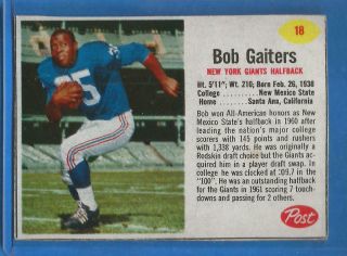 1962 Post Cereal Football Card 18 Bob Gaiters (tough Card) - York Giants