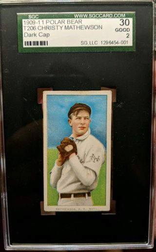 1909 - 11 T206 Christy Mathewson Polar Bear Back Dark Cap Card Sgc 2 York