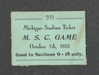 M.  S.  C.  Michigan State College,  Oct 7th 1933 Football Game Ticket Stub