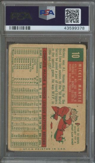 1959 Topps 10 Mickey Mantle York Yankees HOF PSA 1 2
