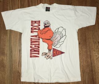 Vintage 1990s Virginia Tech Hokies Mascot Football White Large Ncaa Shirt