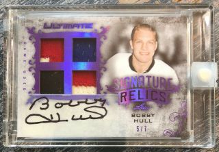 2018 - 19 Leaf Ultimate Bobby Hull Game Signature Relics Quad Patch Auto 5/7