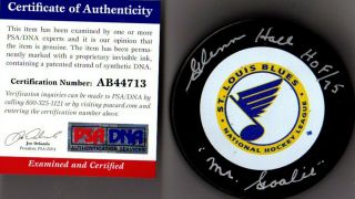 Psa/dna Glenn Hall " Hof 75 & Mr Goalie " Autographed - Signed St Louis Blues Puck 3