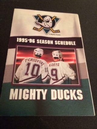 1995 - 96 Anaheim Mighty Ducks Hockey Pocket Schedule Del Taco Version P.  Kariya