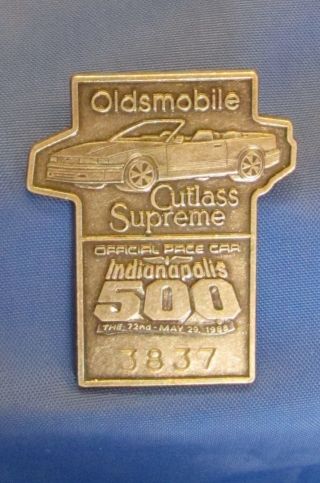 Indy 500 1988 Silver Pit Badge Oldsmobile Cutlass Pacecar Artwork Mears Wins