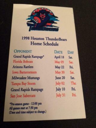 1998 Houston Thunder Bears Arena Football Pocket Schedule Team Version