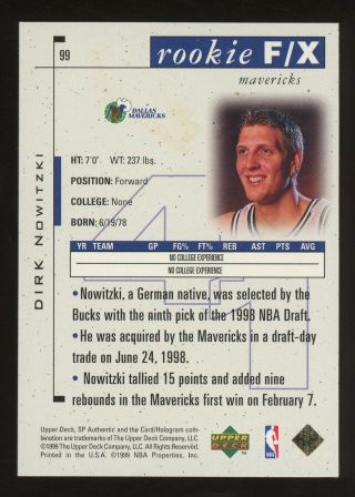 1998 - 99 SP Authentic Rookie F/X 99 Dirk Nowitzki Mavericks RC Rookie /3500 2