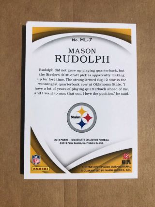 2018 Panini Immaculate Mason Rudolph 2/3 RC Steelers Logo Helmet Jersey Number 2