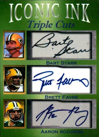 Bart Starr Brett Favre Aaron Rodgers Iconic Ink Triple Cuts Auto Packers 1/1000