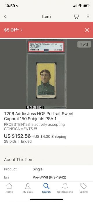 T206 Addie Joss HOF Portrait Sweet Caporal 150 Subjects Compare To PSA 3
