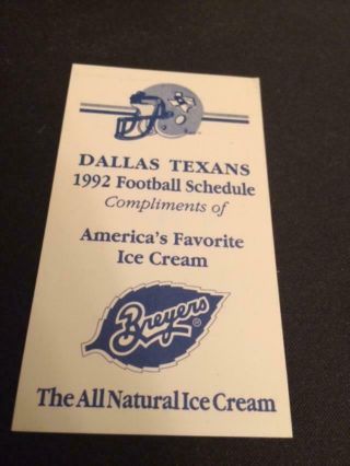 1992 Dallas Texans Arena Football Pocket Schedule Breyers Version