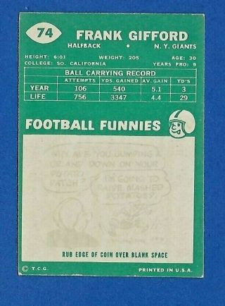 1960 Topps FOOTBALL CARD 74 FRANK GIFFORD HOF EX - MT/NM YORK GIANTS 2