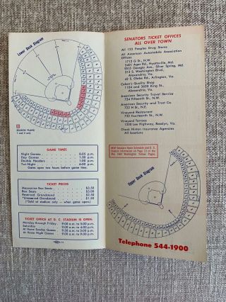 Hi GRADE 1964 Washington Senators Ticket Brochure w/Schedule and Stadium Diagram 2