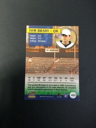TOM BRADY 2000 Pacific Tom Brady ROOKIE CARD England Patriots 403 NFL CARD 2