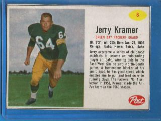 1962 Post Cereal Football Card 8 Jerry Kramer (sp) - Green Bay Packers