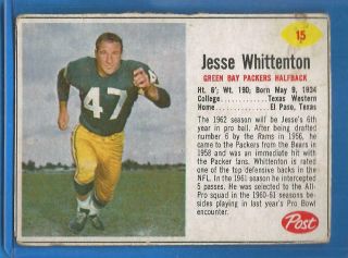 1962 Post Cereal Football Card 15 Jesse Whittenton (sp) - Green Bay Packers