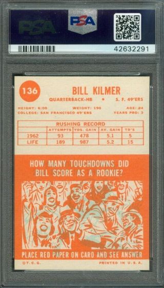 1963 Topps Football BILL KILMER 136 49ers PSA 8 (NearMint -) 2