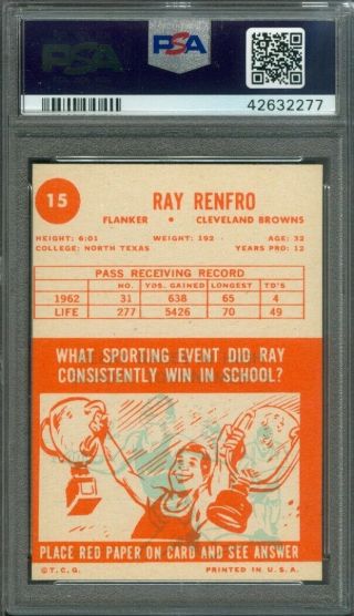 1963 Topps Football RAY RENFRO 15 Browns PSA 8 (NearMint -) 2