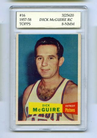 1957 - 58 Topps Dick Mcguire Rc 16 Slabbed Basketball Card Pistons Psa 8 - Nmm