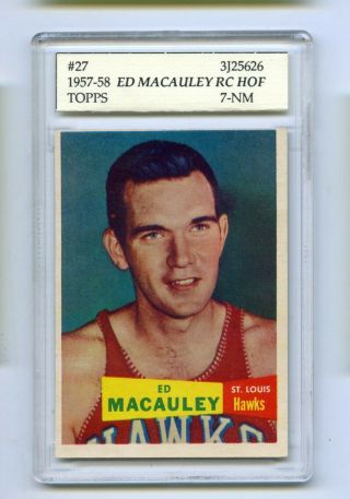 1957 - 58 Topps Hof Ed Macauley Rc 27 Slabbed Basketball Card Hawks Psa 7 Nm