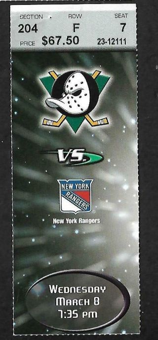 Nhl Ticket Stub: 1999 - 00 York Rangers At Mighty Ducks Of Anaheim,  Mar 8,