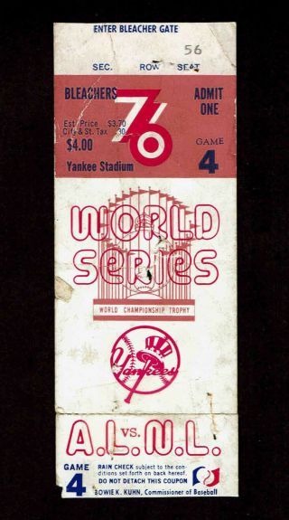 1976 World Series Game 4 Ticket Stub York Yankees Vs Cincinnati Reds