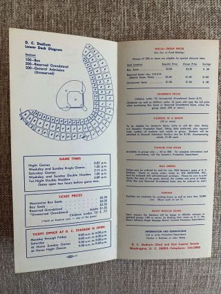 Hi GRADE 1965 Washington Senators Ticket Brochure w/Schedule and Stadium Diagram 2