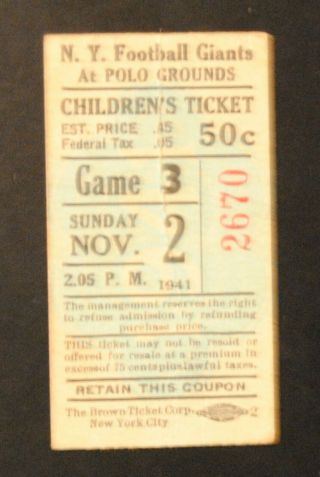 1941 York Giants Vs Chicago Cardinals Football Ticket Stub