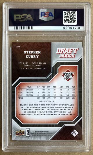 Stephen Curry 2009 - 10 Upper Deck UD Draft Edition RC 34 - PSA 10 Gem 2