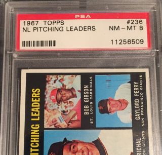 1967 Topps NL Pitching Leaders Gibson/ Sandy Koufax/ Marichal/ Perry 236 PSA 8 2