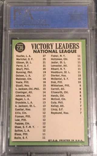 1967 Topps NL Pitching Leaders Gibson/ Sandy Koufax/ Marichal/ Perry 236 PSA 8 5