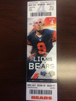 Chicago Bears Vs Detroit Lions Ticket Stub 10/2/2016 At Soldier Field