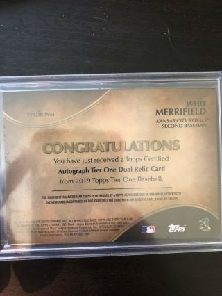 2019 Topps Tier One WHIT MERRIFIELD Auto Tier One Dual Relic 3CL 24/25 2