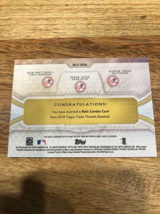 2018 Topps Triple Threads Mattingly/Jeter/Judge Triple Relic Numbered 08/27 4