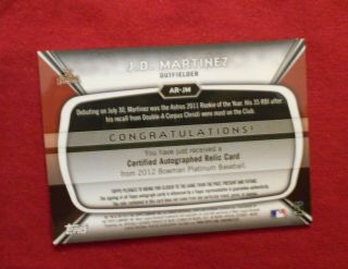 2012 Bowman Platinum J.  D.  Martinez Autograph relic Rookie card 022/199 NM/Mint 3