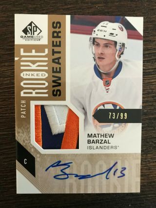 2016 - 17 Sp Game Inked Rookie Sweaters Mathew Barzal /99 3 Color Patch