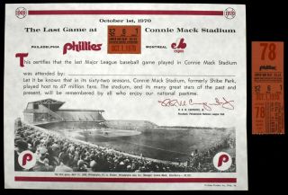 1970 Last Game Connie Mack Stadium Philadelphia Phillies W Full Ticket Separated