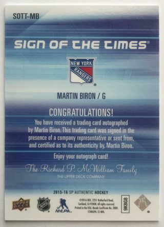 (HCW) 2015 - 16 SP Authentic Signs of the Times Martin Biron Auto 07463 2