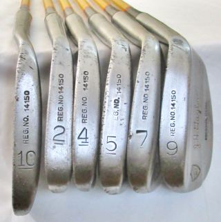 6 Vintage J H Taylor 1938 Golf Irons & Putter Pyratone Shafts Long Leather Grips