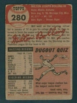 1953 TOPPS MILT BOLLING HIGH 280 VGEX tip wear - no body creases RED SOX 2