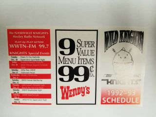 Nashville Knights 1992/93 Echl Minor Hockey Pocket Schedule - Wendy 