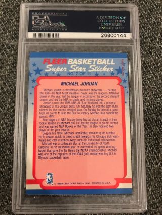 1988 - 1989 Fleer Sticker Michael Jordan Chicago Bulls 7 PSA 8 2