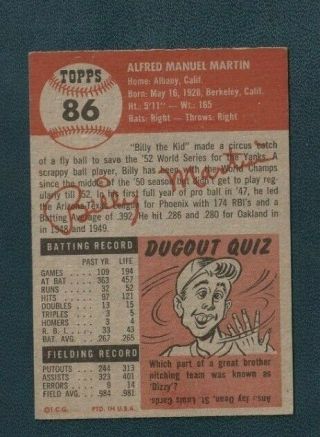 1953 TOPPS BILLY MARTIN 86 NM w/tiny creased tip YANKEES 2