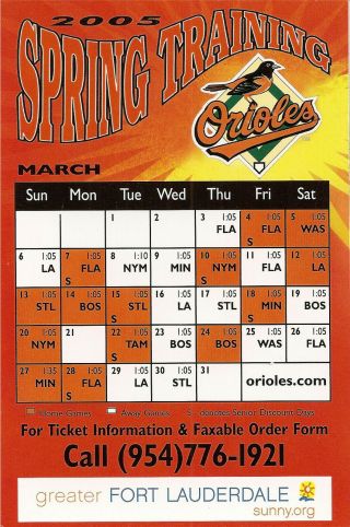 2005 Baltimore Orioles Spring Training Baseball Magnet Schedule