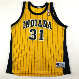 Champion Reggie Miller Indiana Pacers Yellow Pinstripe Jersey Size 44 Vtg 90s
