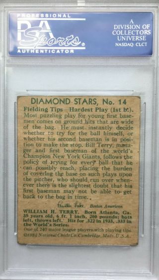 1934 R327 Diamond Stars 14 Bill Terry HOF PSA VG 3 2