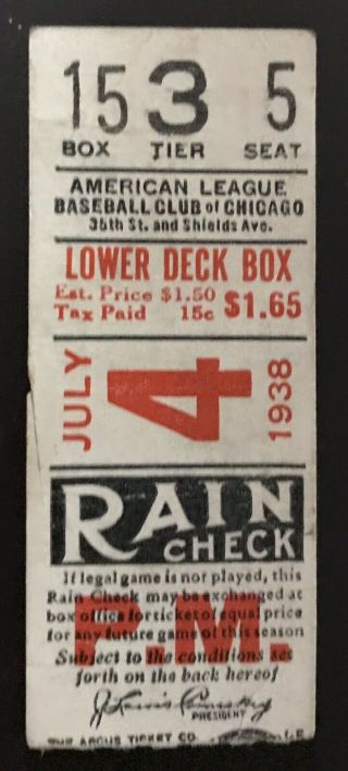 1938 Chicago White Sox Vs St Louis Browns Ticket Stub At Comiskey Park July 4.