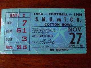 Smu Mustangs/tcu Horned Frogs - Cotton Bowl Nov 27,  1954 - Seat 3 - Football Ticket