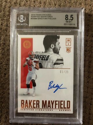 2018 Panini Encased Baker Mayfield Rookie Rc Auto Scripted Sig D /25 Bgs 8.  5/10