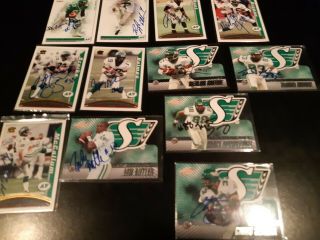 12 Signed Pacific Saskatchewan Roughriders Cfl Cards (holmes,  Greene,  Moore)